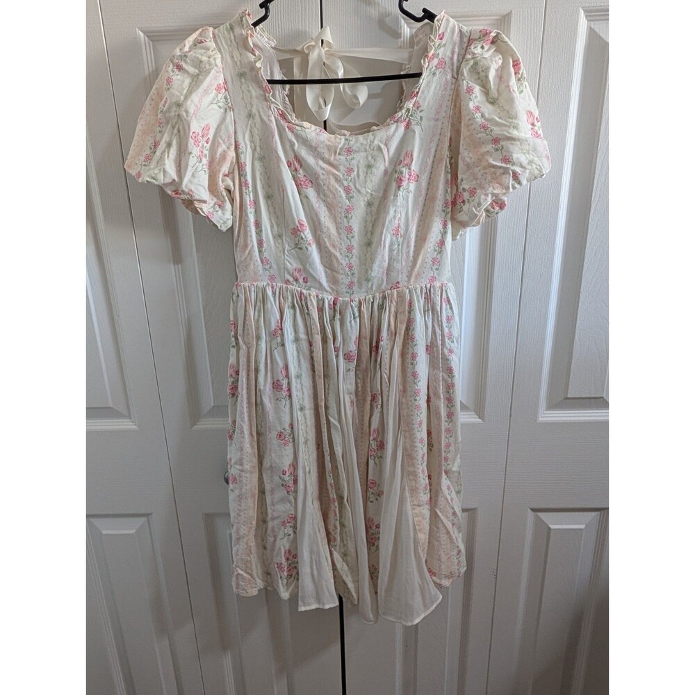 Ivy City Co Pink Floral Stripe Mini Dress Extra Small XS Puff Sleeve Cottagecore